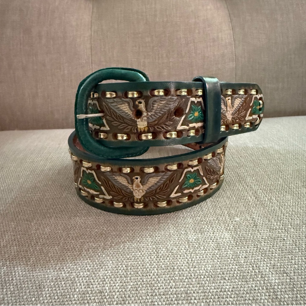 VTG Western Mallory Tooled Whip Stitched Belt Turquoise Green Brown 32, 38, 40 - Picture 15 of 15